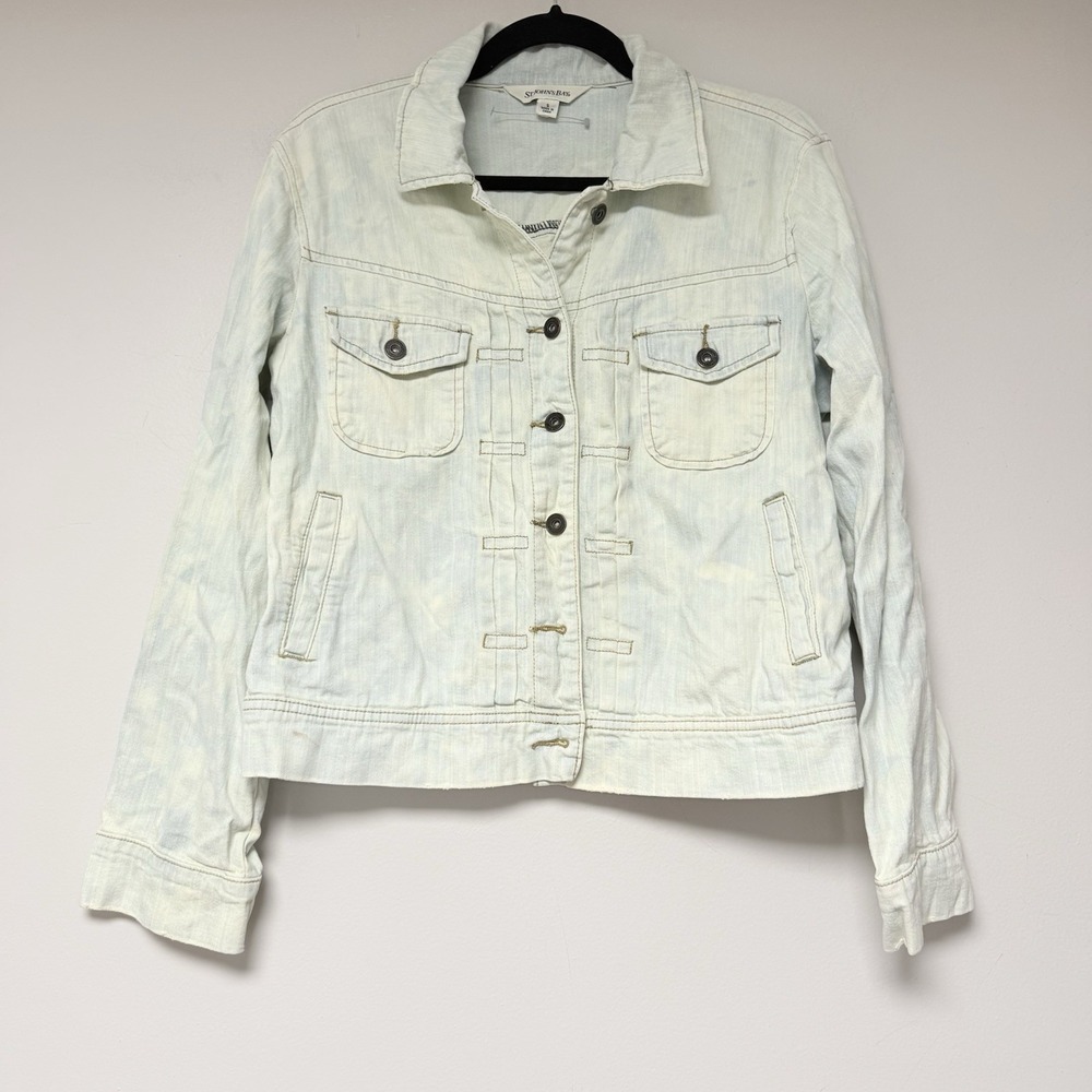 St. Johns Bay Denim Jacket Womens Small Light Blue Acid Wash Raw Hem‎ Pleated